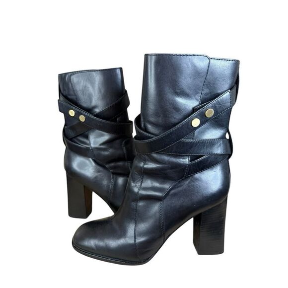 Diane von Furstenberg Black Leather Ankle Boots 8.5M Strappy Block Heel - Picture 2 of 10
